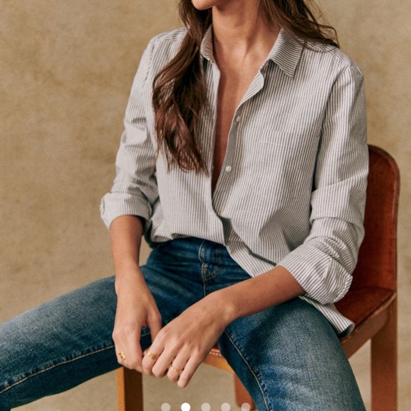 Sézane Tomboy Shirt in blue and ecru stripe - Picture 2 of 7